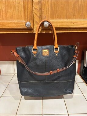 Dooney & Bourke Black Leather Messenger Tote with Tan Trim